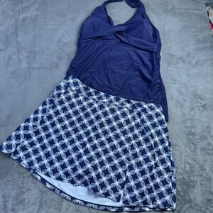 Aqua Eve Tankini Swimsuit Womens 2XL Blue Halter Top Skirt Bottom Plus Size Swim